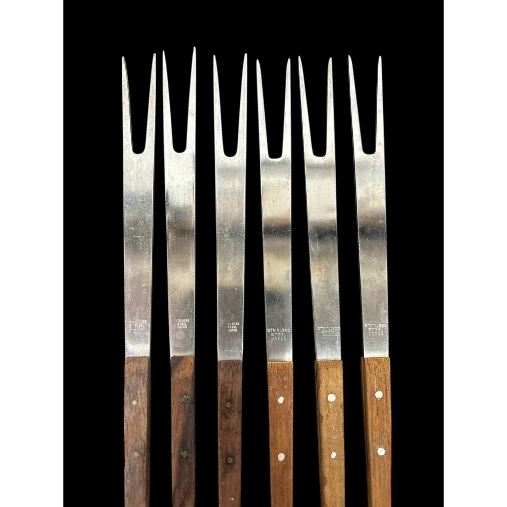 12 Vintage Stainless Steel Wood Handle Fondue‎ Forks Japan Retro 2 Tines